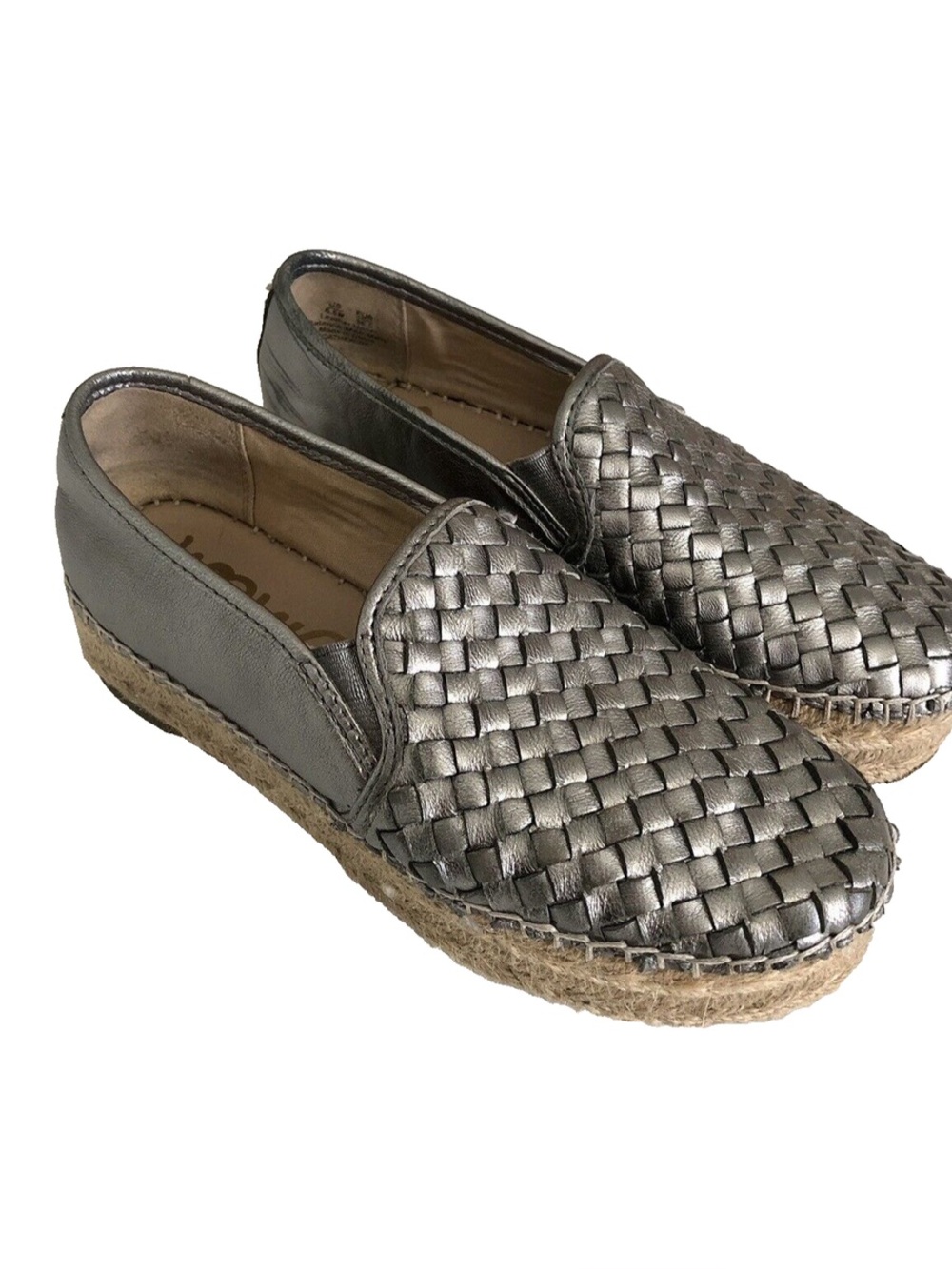 SAM EDELMAN CATHERINE Metallic Gray Silver Woven Leather Espadrille Loafers sz10